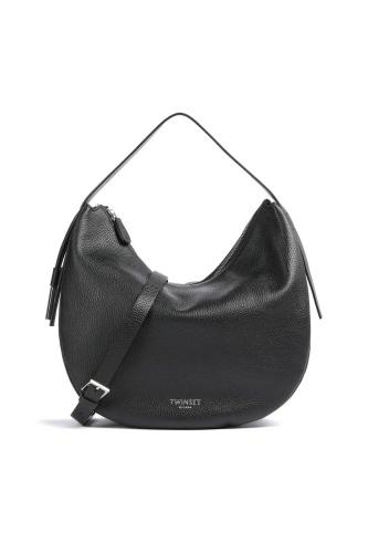 Twinset γυναικεία τσάντα ώμου hobo μονόχρωμη με μεταλλικές λεπτομέρειες - 241TB7053 Μαύρο